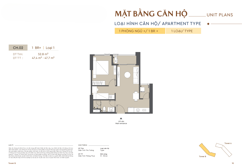 Mặt bằng căn hộ 1 PN+ của Masteri Rivera Đà nẵng