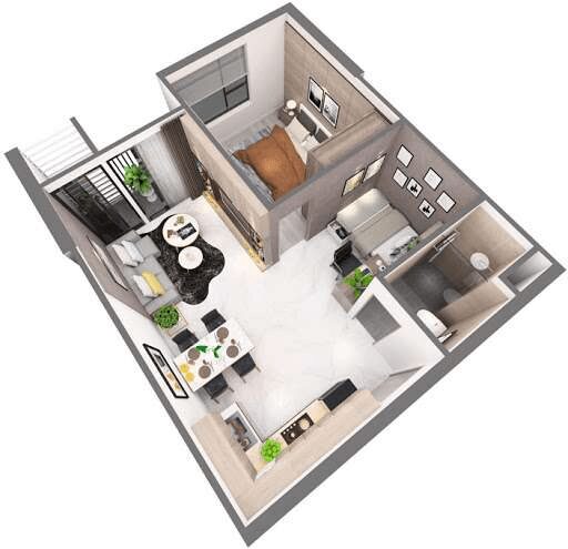 Bản vẽ 3d căn hộ 1PN