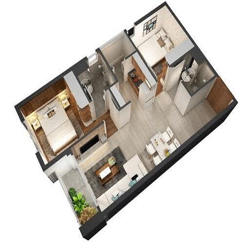 bản vẽ 3d căn hộ 2 phòng ngủ