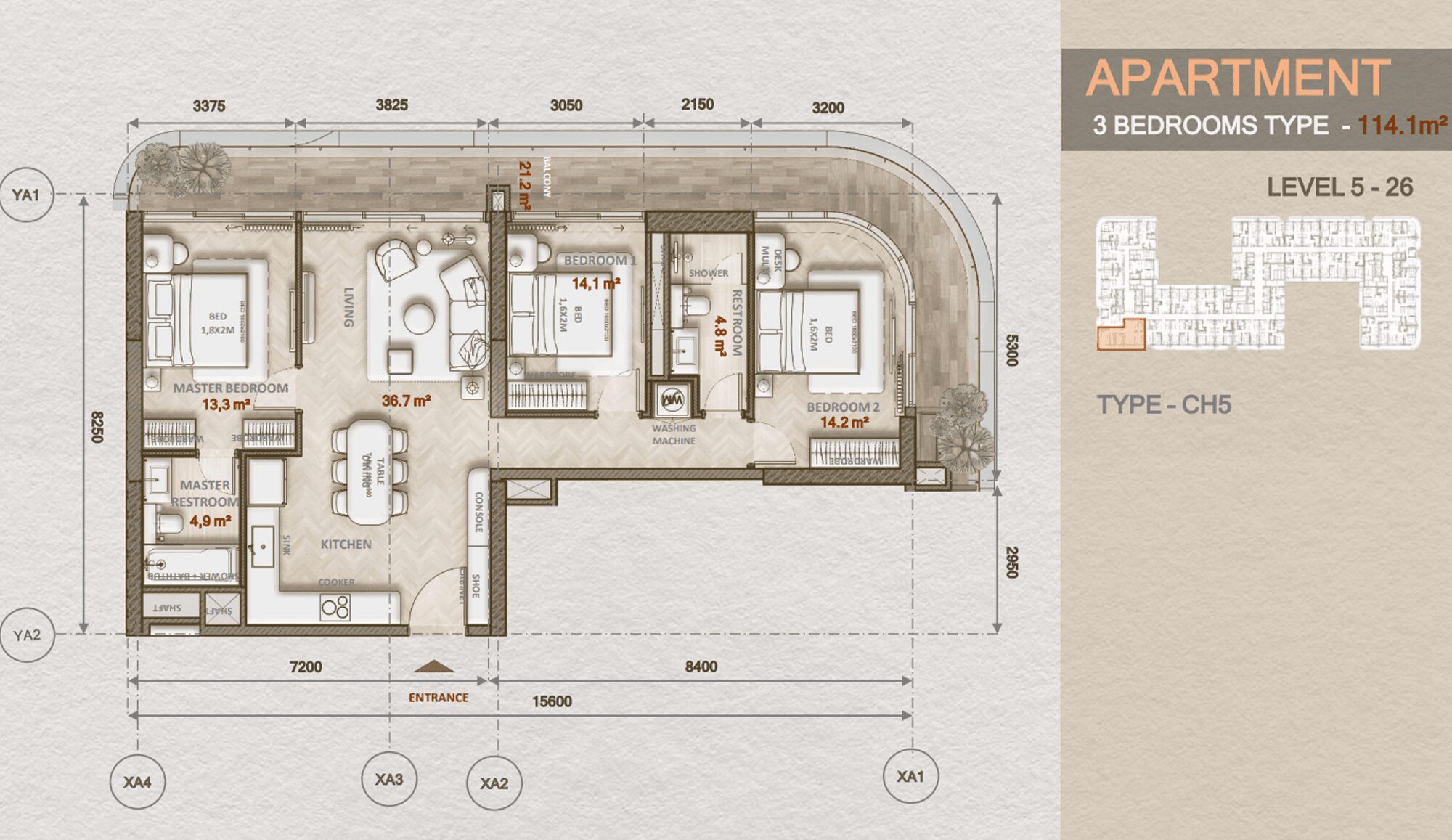 Layout thiết kế căn hộ 3 phòng ngủ
