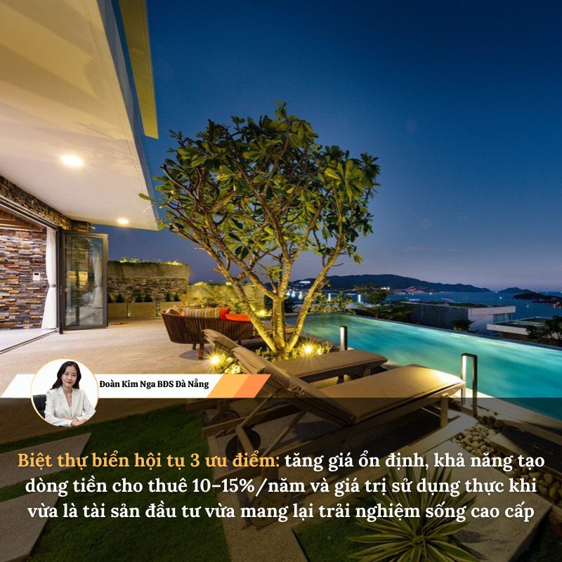 Biệt thự biển hội tụ 3 ưu điểm: tăng giá ổn định như “bến đỗ an toàn” cho dòng vốn trung – dài hạn, khả năng tạo dòng tiền cho thuê 10–15%/năm nếu vận hành chuyên nghiệp, và giá trị sử dụng thực khi vừa là tài sản đầu tư vừa mang lại trải nghiệm sống cao cấp