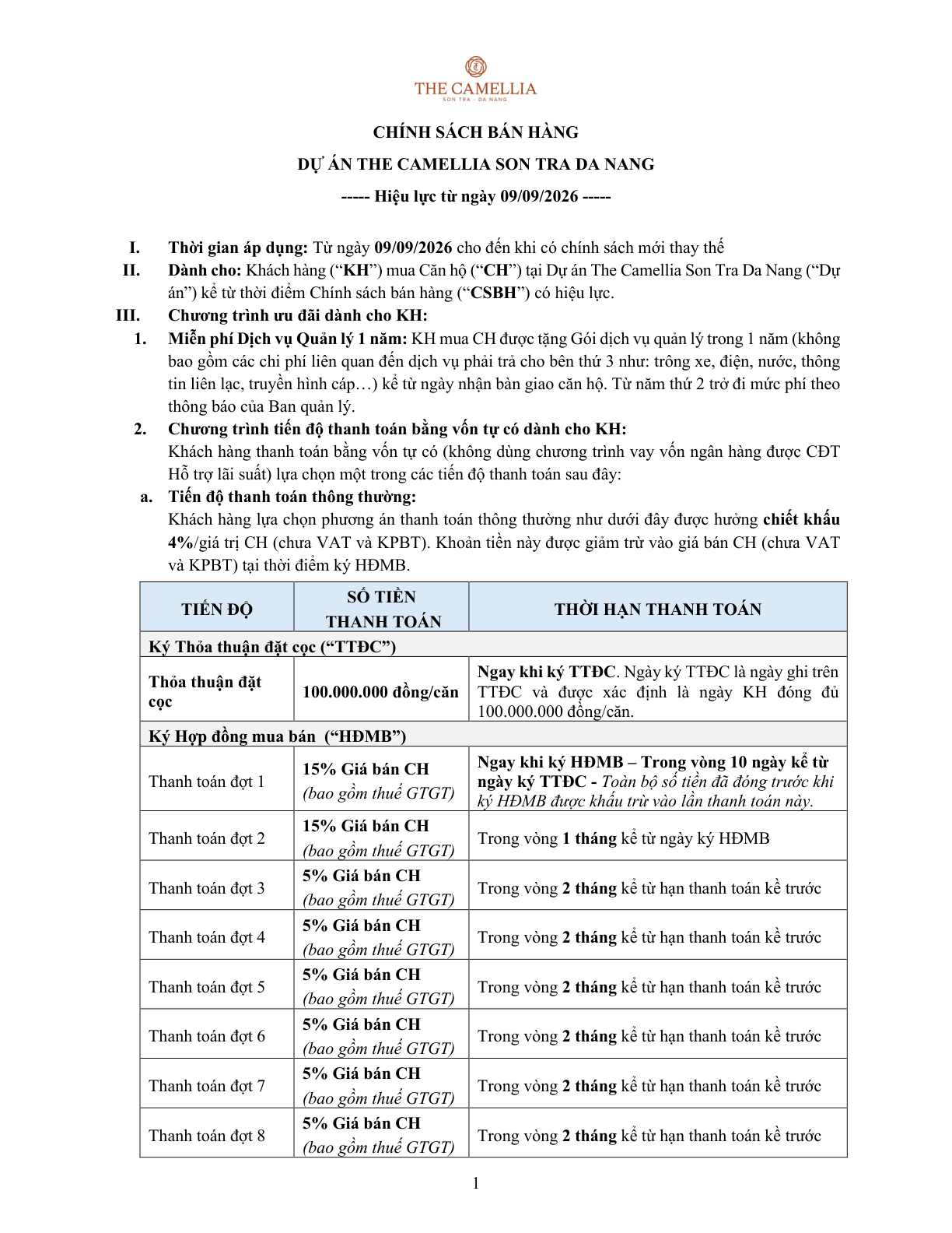 Trang đầu chính sách bán hàng The Camellia có hiệu lực từ ngày 09/09/2026