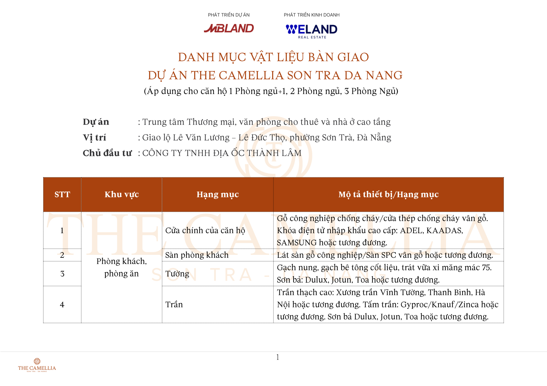 Trang đầu danh mục vật liệu bàn giao căn 1PN+1, 2PN và 3PN The Camellia