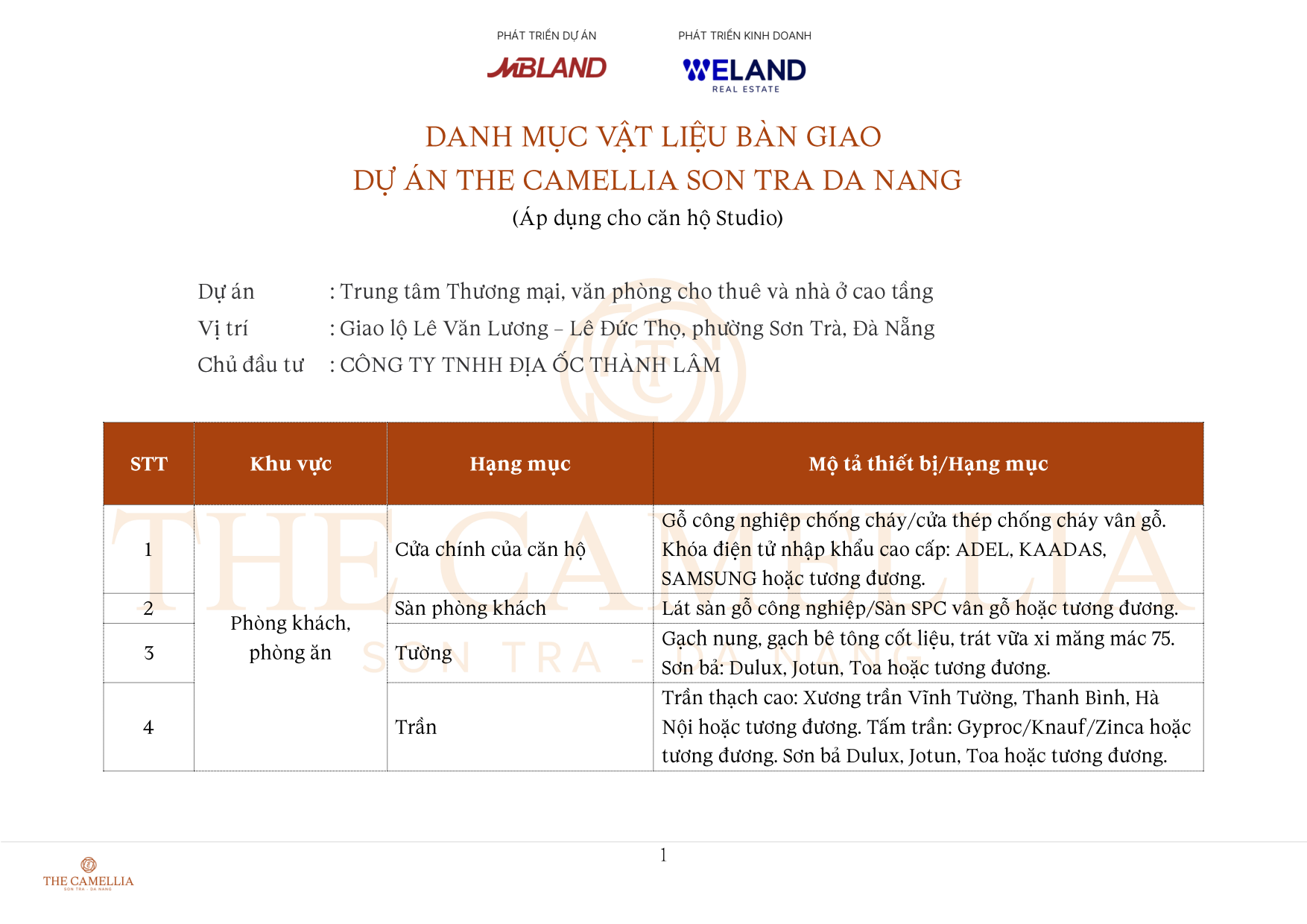 Trang đầu danh mục vật liệu bàn giao căn Studio The Camellia